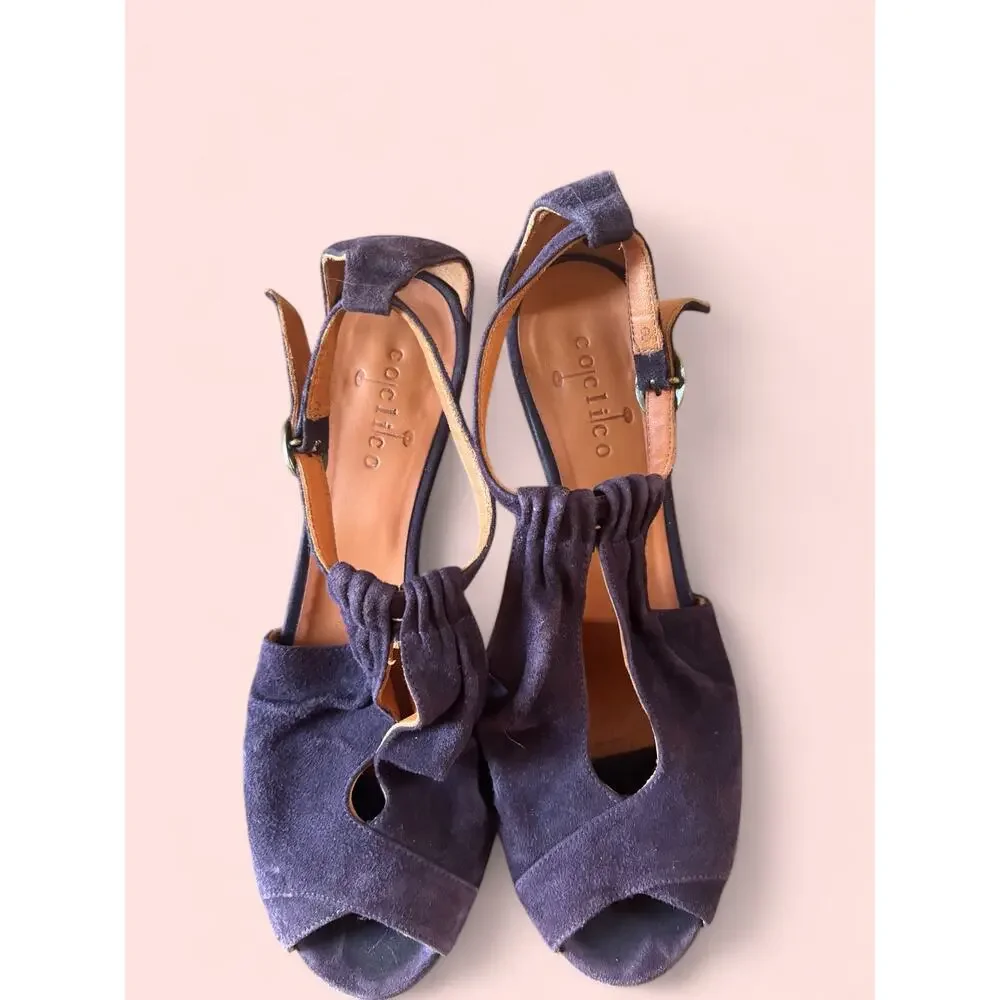 Coclico Purple Suede Ruched T-Strap Peep Toe Cone Heel Size 38.5 Made in Spain